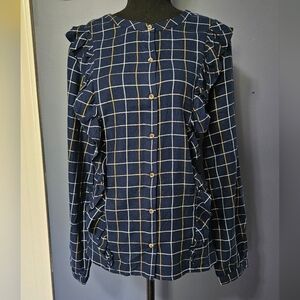 Tradition Metallic Stripe Plaid Ruffle Trim Shirt Plus Size 1X